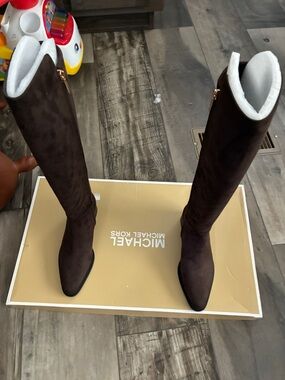 Michael Kors Dark Brown Suede Over-the-Knee Boots with Gold-Tone Zip